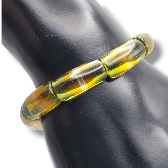 Vintage Art Glass Bead Stretch Bracelet Olive Green Marigold Yellow Clear Stripe - Picture 2 of 7